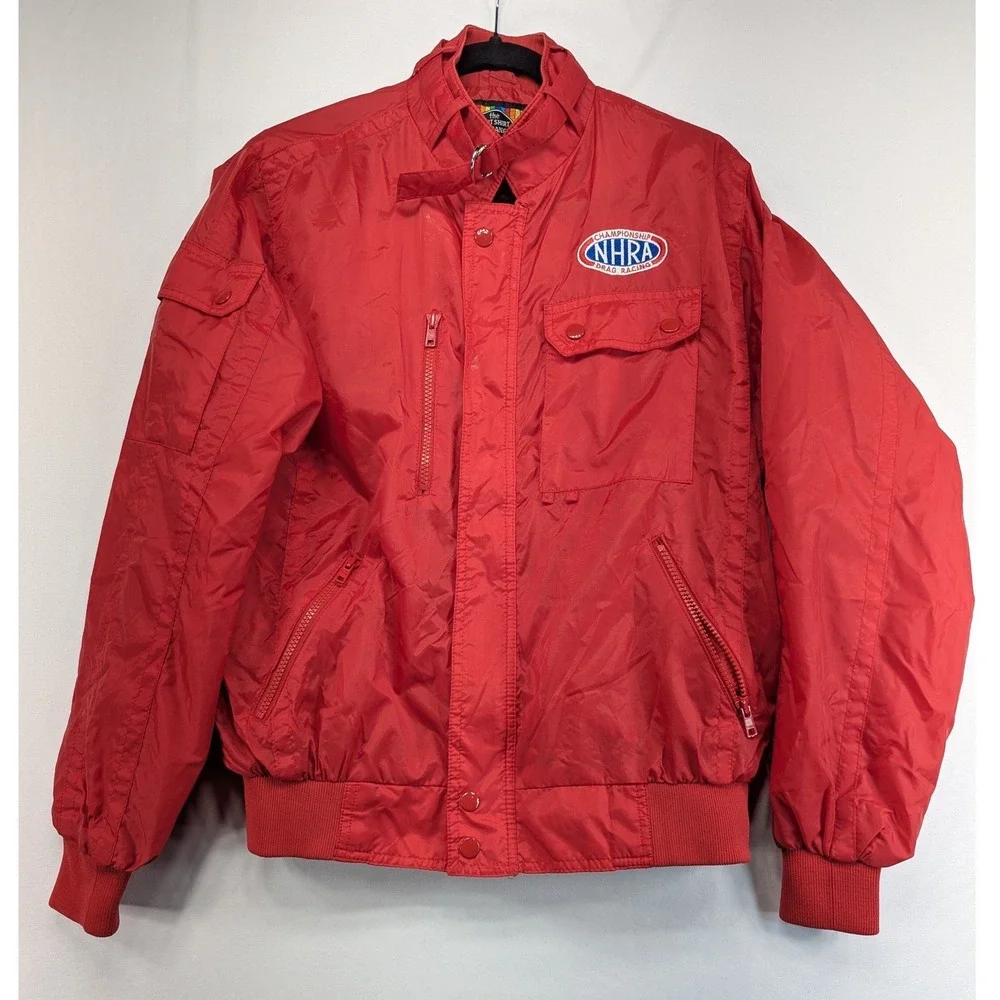 Vintage NHRA Drag Racing Bomber Jacket Red Nylon Windbreaker Mens Medium J10
